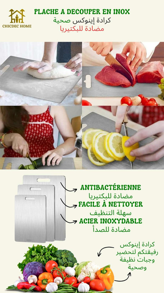 Planche à découper en acier inoxydable.